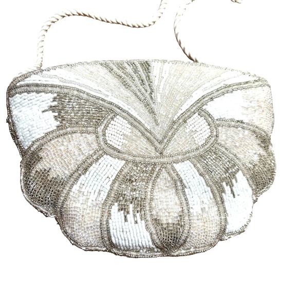 Vintage 1980’s beaded evening bag wedding bridal purse white satin silver gold - Picture 2 of 9